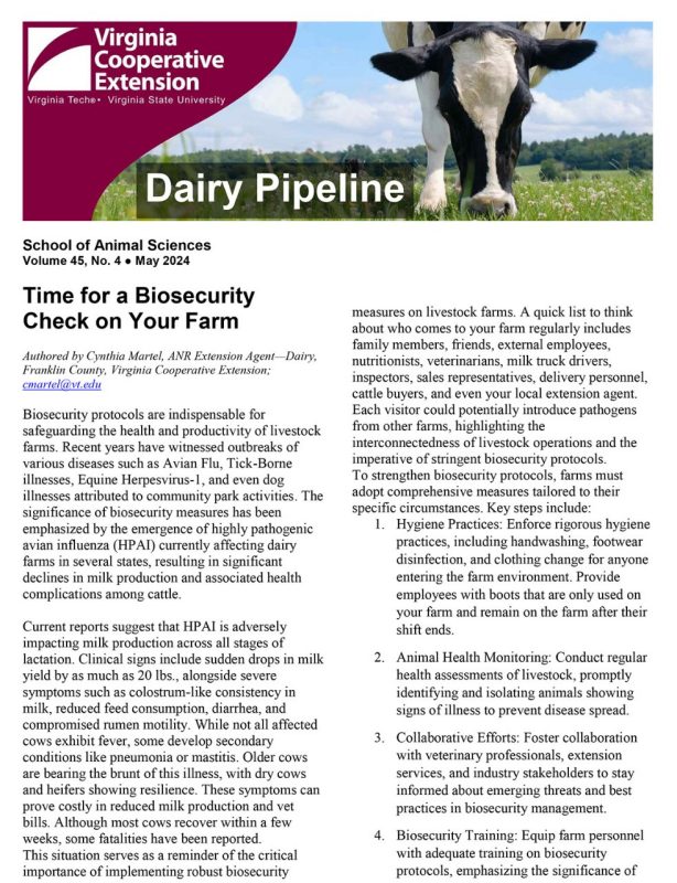 Screenshot of the linked document. Phto of Holstein Cattle in header. Virginia Cooperative Extension Logo.  March 2024 issue of the Dairy Pipeline newsletter.