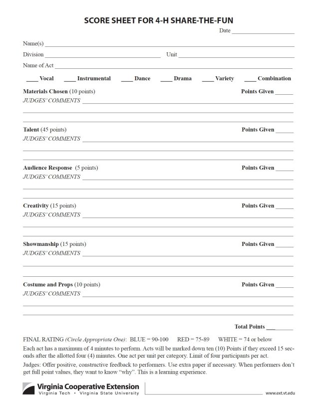 SCORE SHEET FOR 4-H SHARE-THE-FUN
