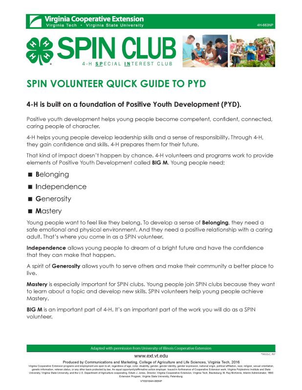 Cover of SPIN Volunteer Quick Guide to PYD