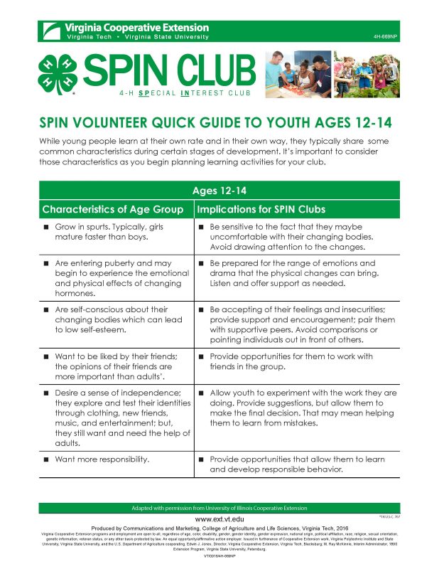 SPIN Volunteer Quick Guide to Youth Ages 12-14 Cover of SPIN Volunteer Quick Guide to Youth Ages 12-14