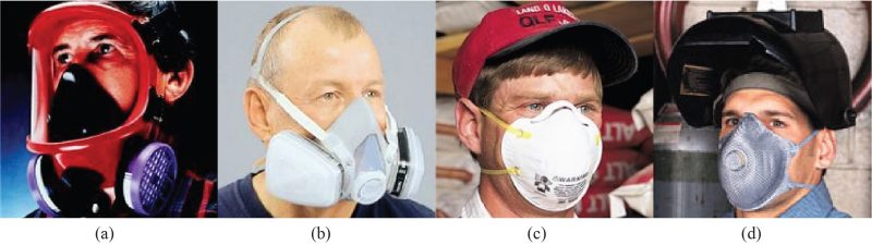 Various respiratory protection devices that can protect you. Respirators in both (a) and (b) are air purifying devices and can protect you from hazardous vapors. Dust masks shown in (c) and (d) will protect the lungs from small particles but are not effective for hazardous vapors. All protection devices need proper fit.