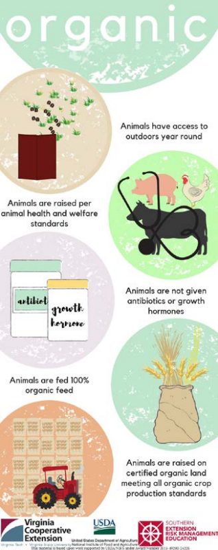 Figure 7. Vertical infographic titled "organic" detailing standards for organic animal and crop production. It includes various illustrated sections: animals having year-round outdoor access, being raised per health and welfare standards, not receiving antibiotics or growth hormones, and being fed 100% organic feed. Additionally, it states animals are raised on certified organic land meeting crop production standards. The background features subtle organic textures and images of plants, animals, and farming icons.