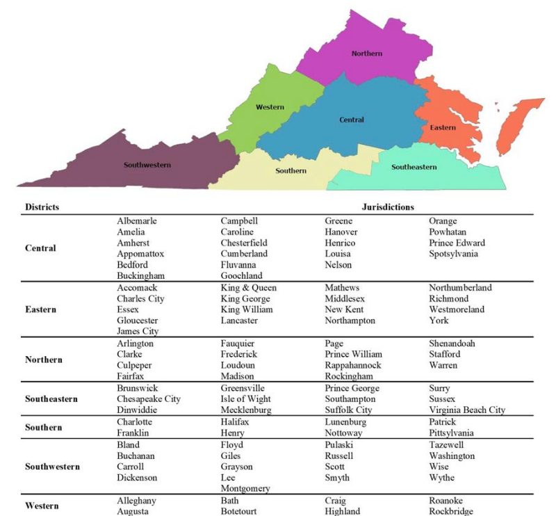 A map of Virginia agricultural statistics districts.