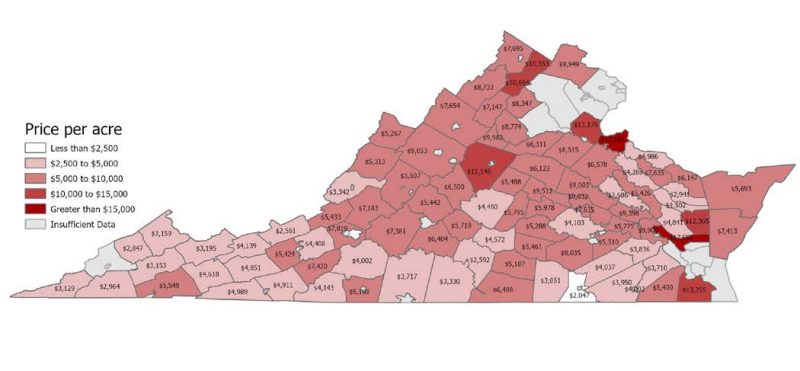 A map of counties in Virginia colored by the price-per-acre, with darker red counties having a higher price per acre.