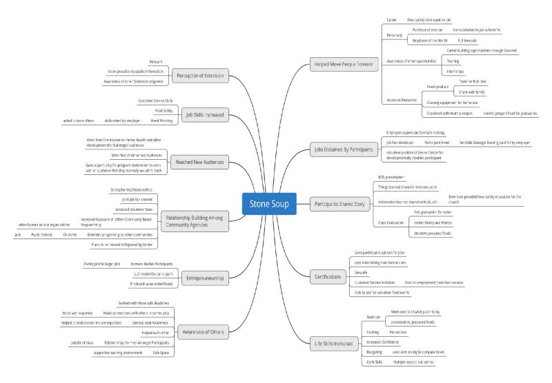 Diagram provied is the Mind map created to depict the Ripple Effect Mapping as a result for the Stone Soup Program 
