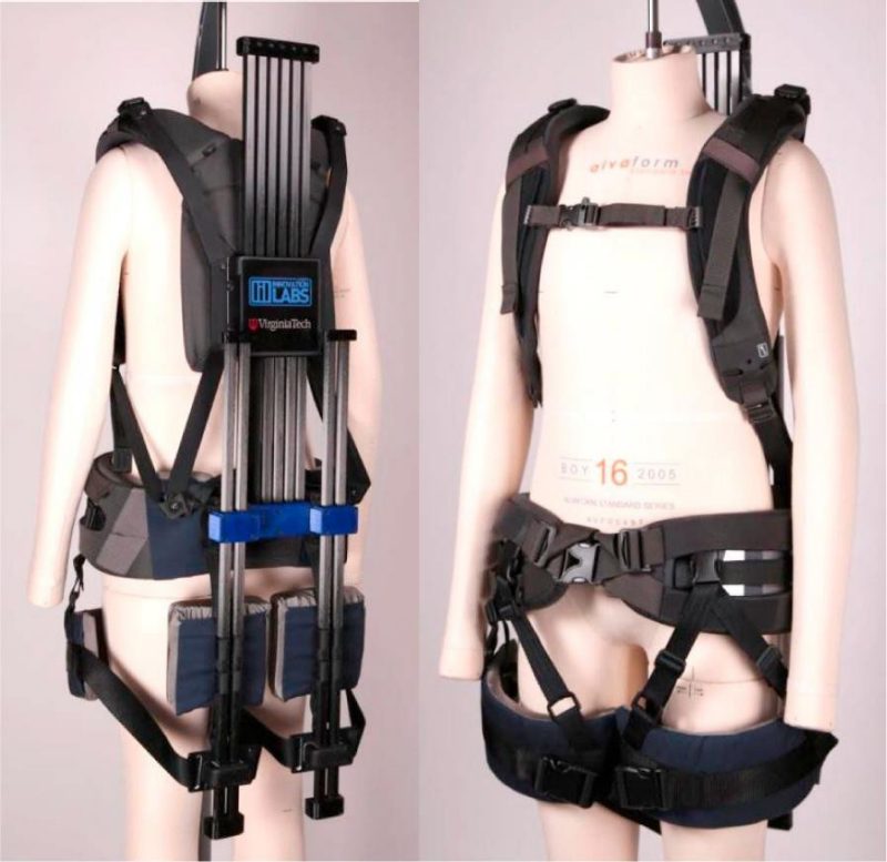 An exoskeleton built of fabric straps and carbon fiber rods running parrel to the back.