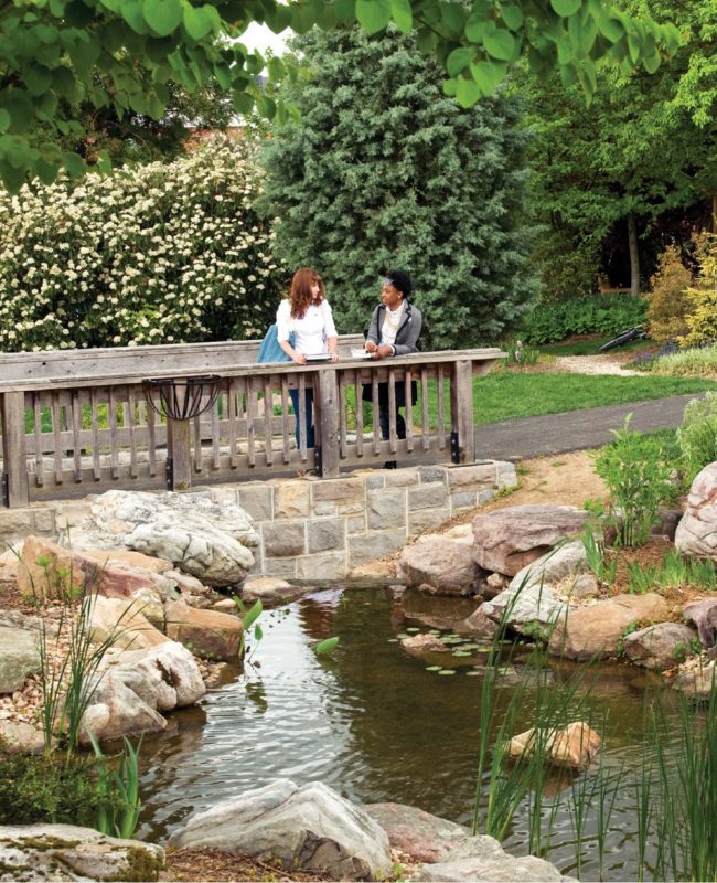 Two women engaged in conversation, positioned side by side on a bridge that spans over a water stream. In the backdrop, lush green spaces create a scenic environment.