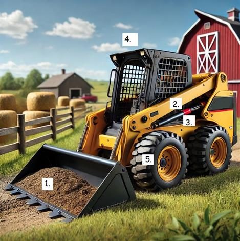 A yellow skid steer with its part numerically labeled in front of a red barn and next to a fence and hay bales.
