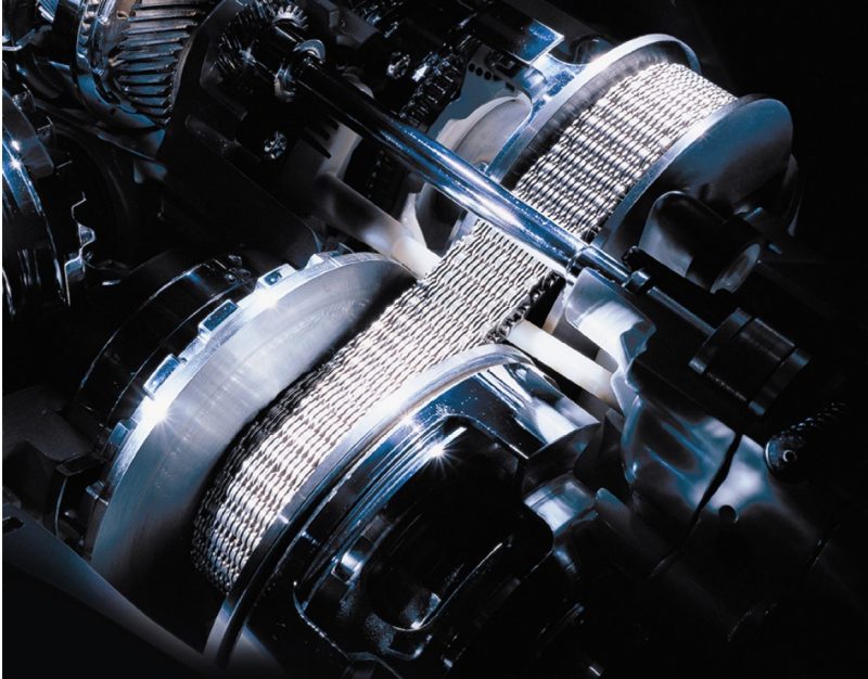 Belt and conical pulley system for continuously varying the speed.
