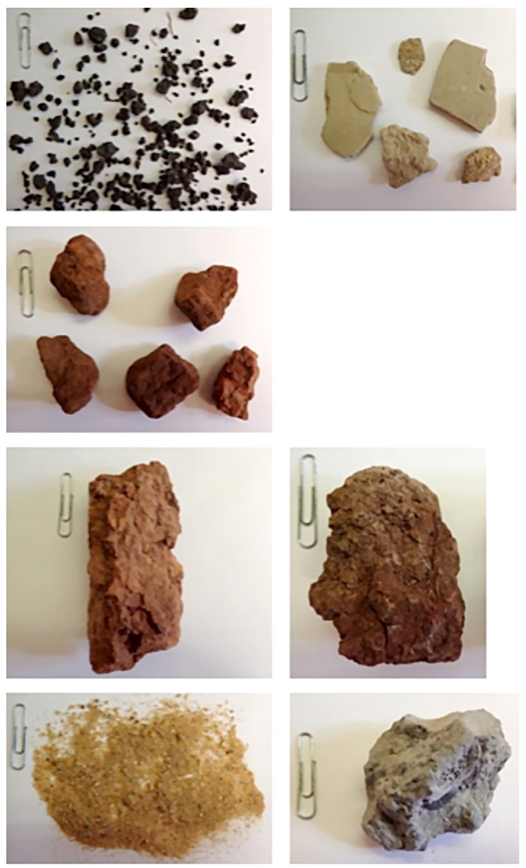 Several shapes of soil structure. Listed left to right, top row to bottom row: granular, platy, and blocky; prismatic and columnar; structureless coherence of single grained and massive shape. 