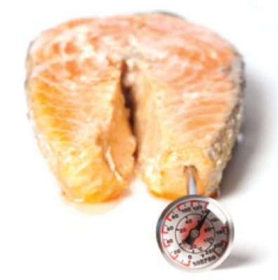 Fried salmon with thermometer in it