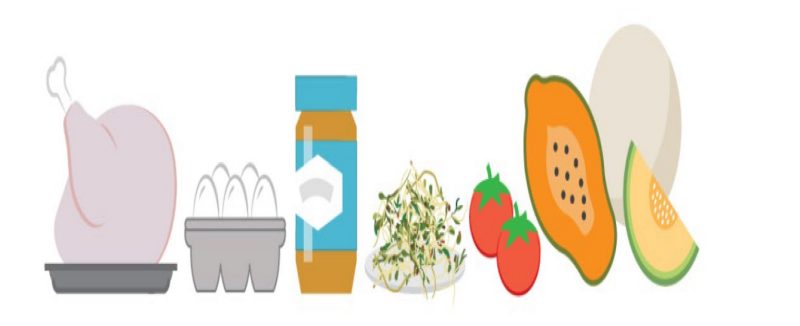 Picture of chicken, eggs, peanut butter, tomato, sprouts, papaya and cantaloupe, high risk Salmonella foods.