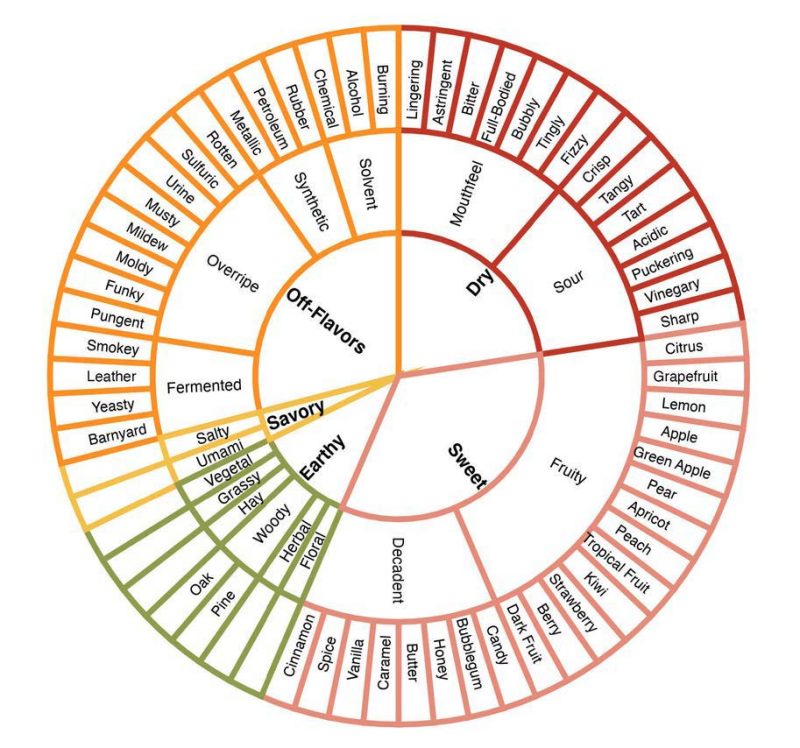 This image shows a proposed flavor wheel for describing hard cider made in the U.S. It has a small center wheel composed of sections called "Dry", "Sweet", "Earthy", "Savory", and "Off-Flavors", which each radiate out into secondary and tertiary wheels describing more specific flavors.