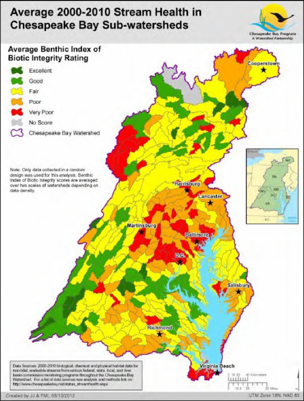Shows stream health from 2000-2010 in Chesapeake Bay watersheds. The map covers parts of New York, Pennsylvania, West Virginia, Maryland, Delaware, the District of Columbia, and Virginia. Areas are color coded with dark green for excellent, light green for good, yellow for fair, orange for poor, and red for very poor. The majority of the map is yellow with large sections of orange and fewer scattered sections of greens and red. Source: Chesapeake Bay Program.