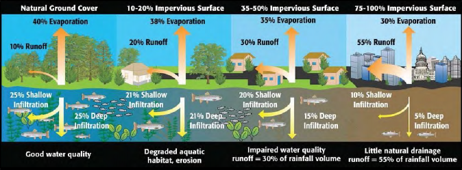 A graphic showing changes in infiltration, evapotranspiration, runoff, and water quality with increasing urbanization. Frame one shows natural ground cover with 40% evaporation, 10% runoff, 23% shallow and 25% deep infiltration and good water quality. Frame two shows 10-20% impervious surface with 38% evaporation, 20% runoff, 21% shallow and deep infiltration, and degraded aquatic habitat and erosion. Frame three shows 35-50% impervious surface with 35% evaporation, 30% runoff, 20% shallow and 15% deep infiltration, and impaired water quality. Frame four shows 75-100% impervious surface with 30% evaporation, 55% runoff, 10% shallow and 5% deep infiltration, and seriously impaired/degraded water quality. Source: EPA. Symbols courtesy of the Integration and Application Network (ian.umces.edu/symbols/), University of Maryland Center for Environmental Science. From “Potomac Conservancy State of the Nation’s River, 2008.”