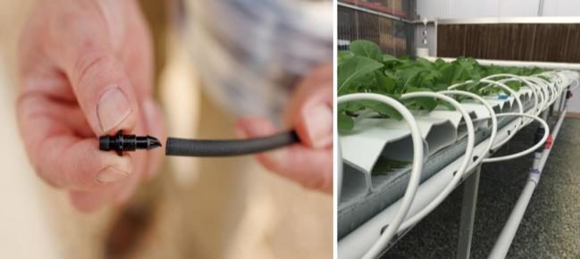 Figure 7. Two close-ups of how emitters are used with flexible poly tubing. In the left photo, an emitter is being inserted into a black poly tube. In the right photo, emitters are used to connect the white poly tubing to the main manifold at the bottom of the channel support.