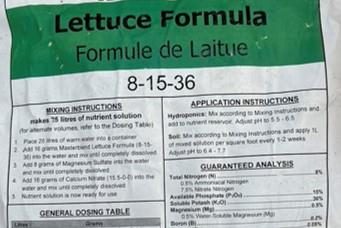 Figure 12. Lettuce Formula nutrient bag showing an N-P-K of 8-15-36 with mixing, dosing and application instructions.