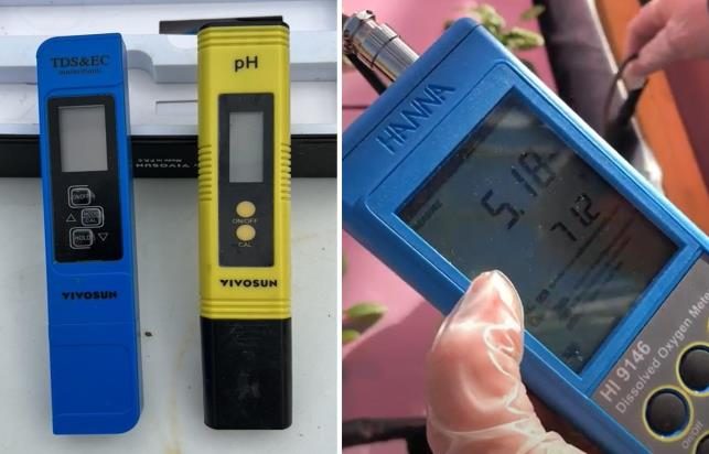 Figure 13. Left image shows digital EC and pH meters; right image shows Dissolved Oxygen (DO) meter.