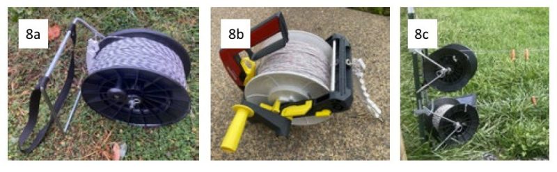 Figure 8. Examples of a nongeared reel with strap (a), a 3:1 geared reel (b), and a post with reel holders (c).