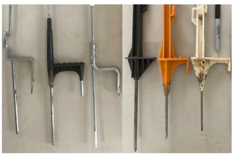 Figures 6a and 6b. Examples of various footstep and spike designs on commercially available step-in fence posts. (Photo credit: Matt Booher.)