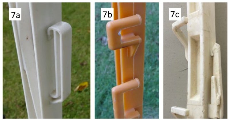  Figure 7. Examples of wire attachments on commercially available step-in posts: clip-style (7a), hook-style wire (7b), and combined clip- and hook-style (7c). (Photo credits: Matt Booher.)