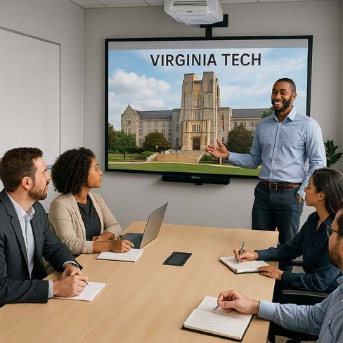 A person making a presentation in front of a group of people sitting around a table.